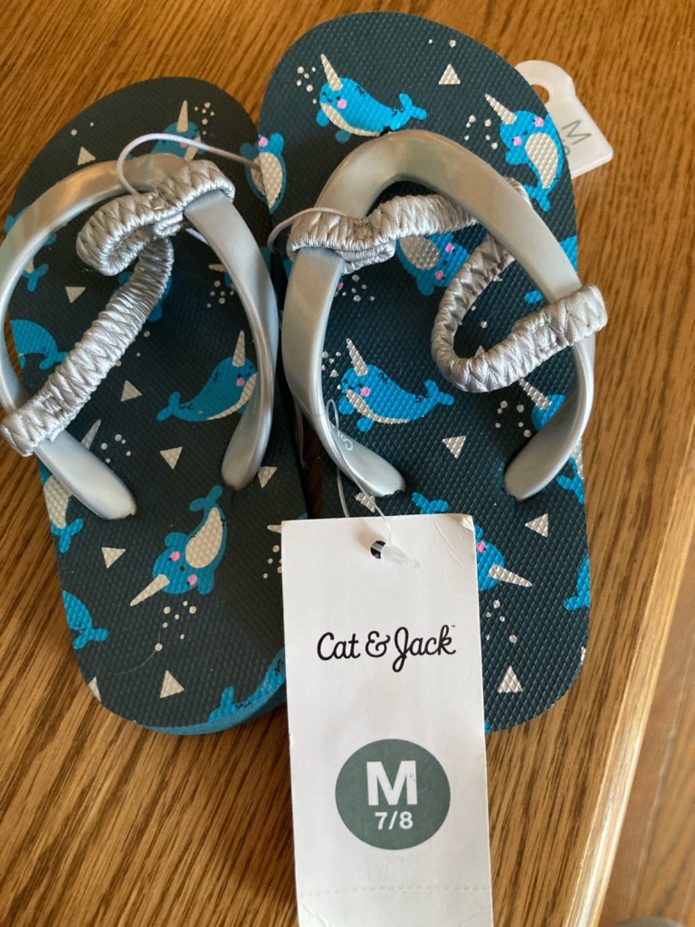 Cat & Jack Navy and Silver Narwhal Flip Flops